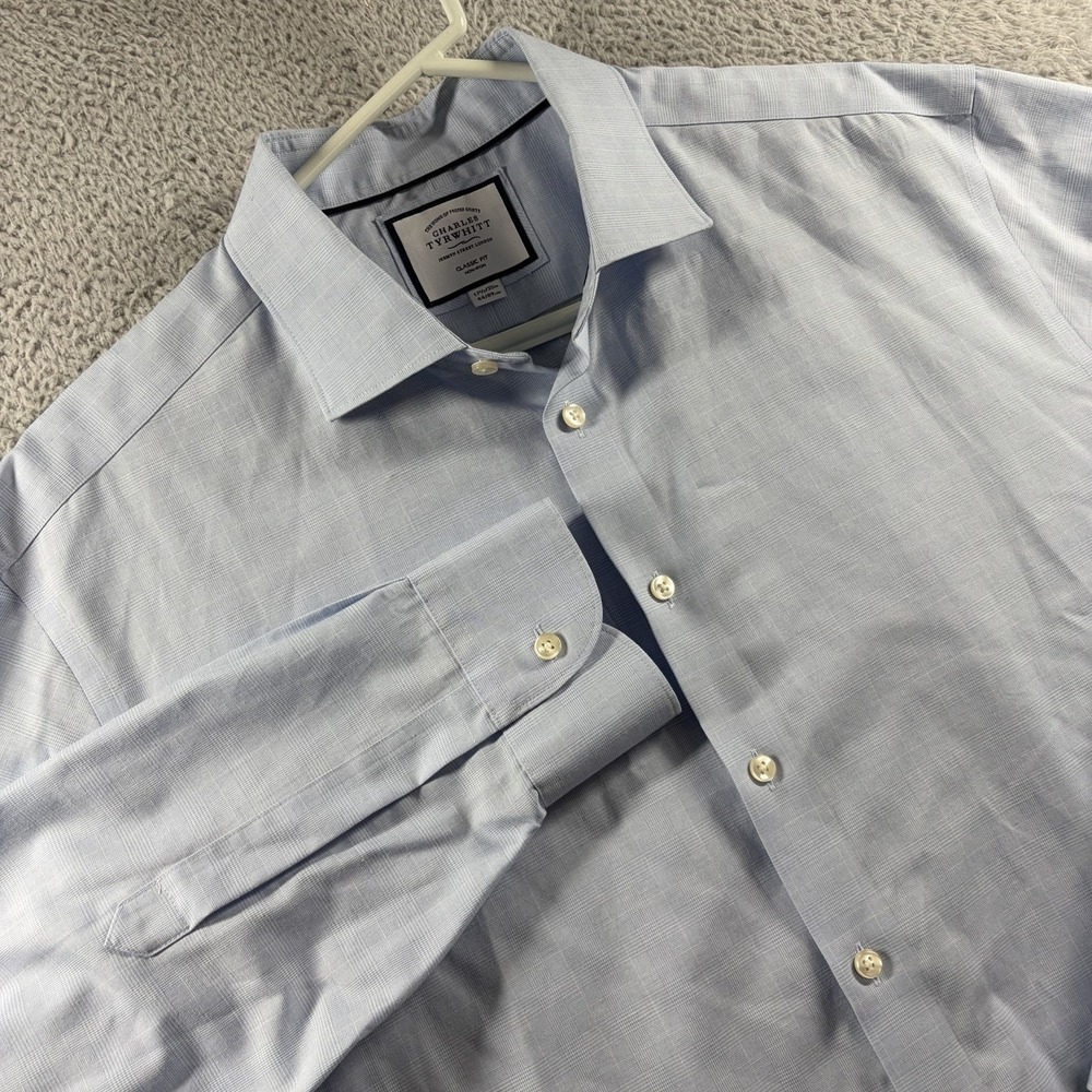 Charles Tyrwhitt Dress Shirt Mens 17.5 / 35in. Blue Plaid Non Iron Linen Blend
